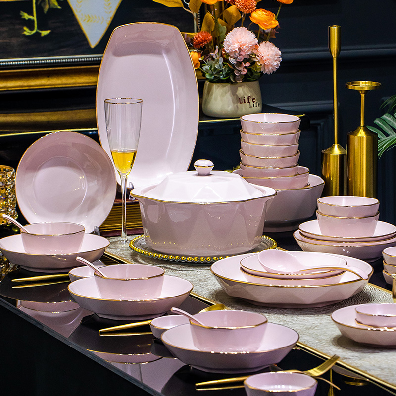 碗碟套装家用2024新款粉色陶瓷碗盘碗筷釉下彩盘子碗乔迁餐具套装-封面