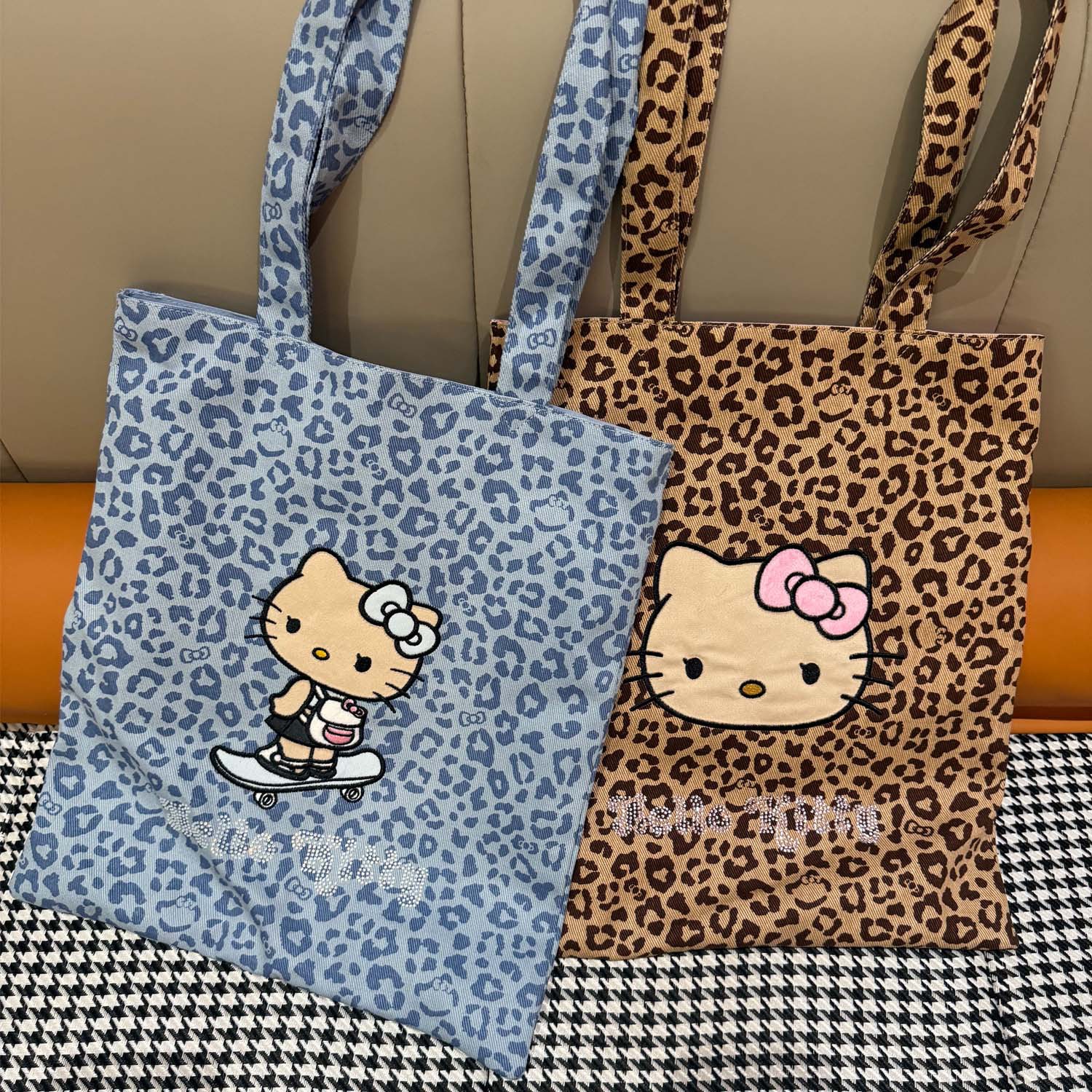 黑皮Hello Kitty全棉烫钻托特女士帆布大容量单肩包购物袋斜挎包