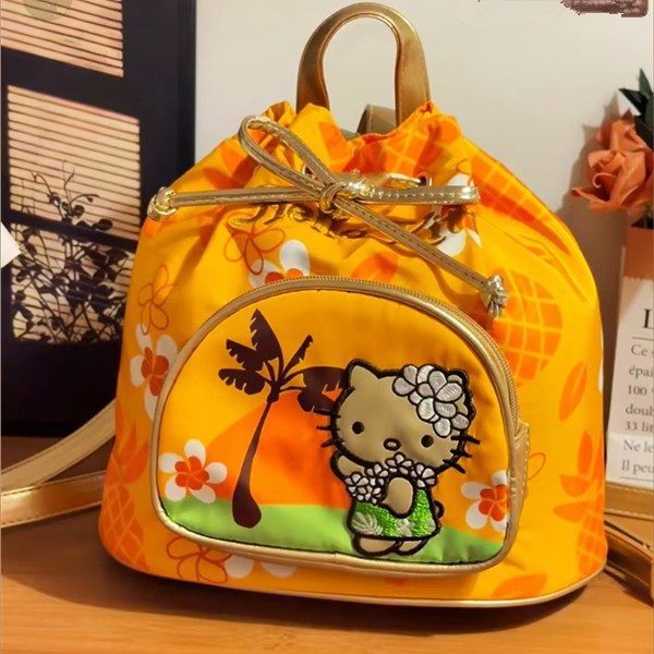 hello kitty复古美式双肩包夏威夷大容量抽绳背包百搭休闲水桶包
