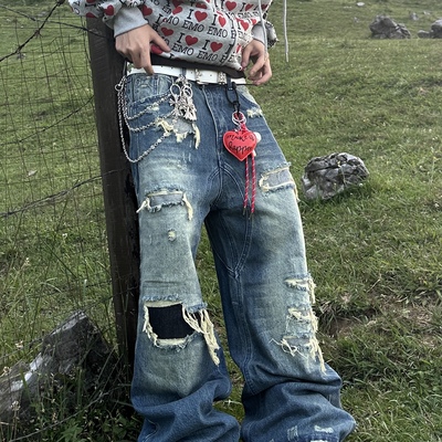 美式复古破坏小众设计牛仔裤