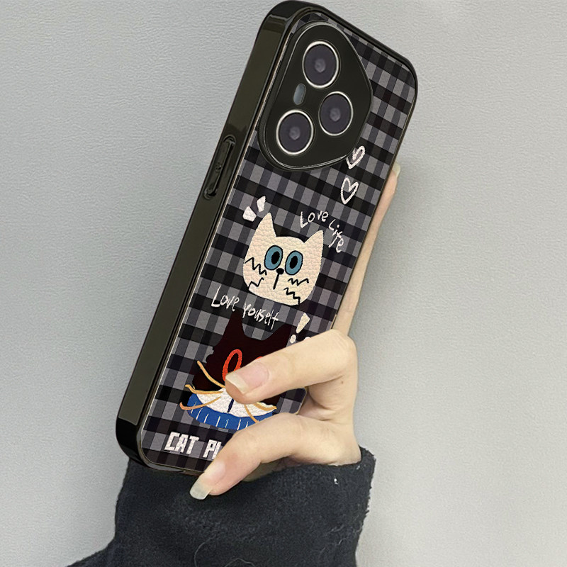 格纹猫头适用荣耀400手机壳honor300新款200男90gt80女款100pro情侣60se魔术maigc6x40x50i+x60套4magic7pro5