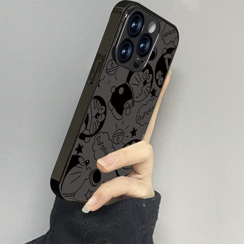 黑色哆啦适用苹果16promax手机壳iPhone15pro新款14防摔13皮质12男11xsmax女款iphonexr情侣3se2套x78plus