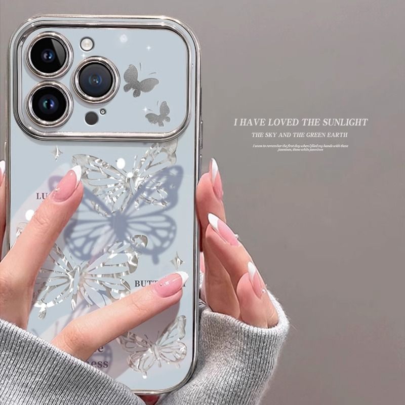 苹果15promax防摔淡蓝蝴蝶手机壳