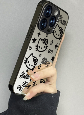 黑色kt猫适用苹果16promax手机壳iPhone15pro新款14防摔13镜面12男11xsmax女款iphonexr情侣3se2套x78plus