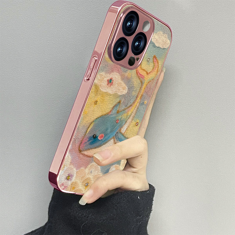 油画鲸鱼适用苹果16promax手机壳iPhone15pro新款14防摔13皮质12男11xsmax女款iphonexr情侣3se2套x78plus