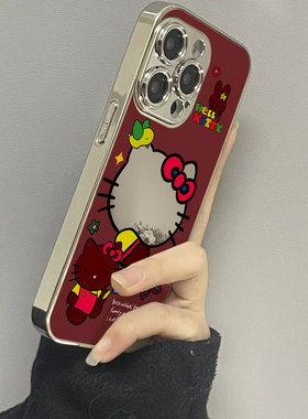 红色kt猫适用苹果16手机壳iPhone15promax新款14plus镜面13pro防摔12男女11xsmax款iphonexr情侣78plus套se2