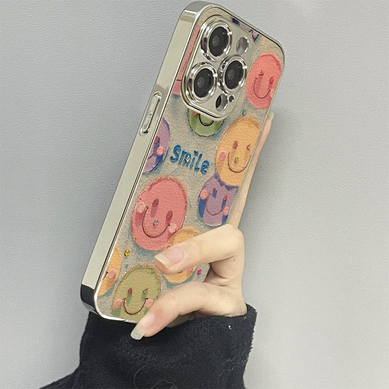 油画笑脸适用苹果16promax手机壳iPhone15pro新款14防摔13皮质12男11xsmax女款iphonexr情侣3se2套x78plus