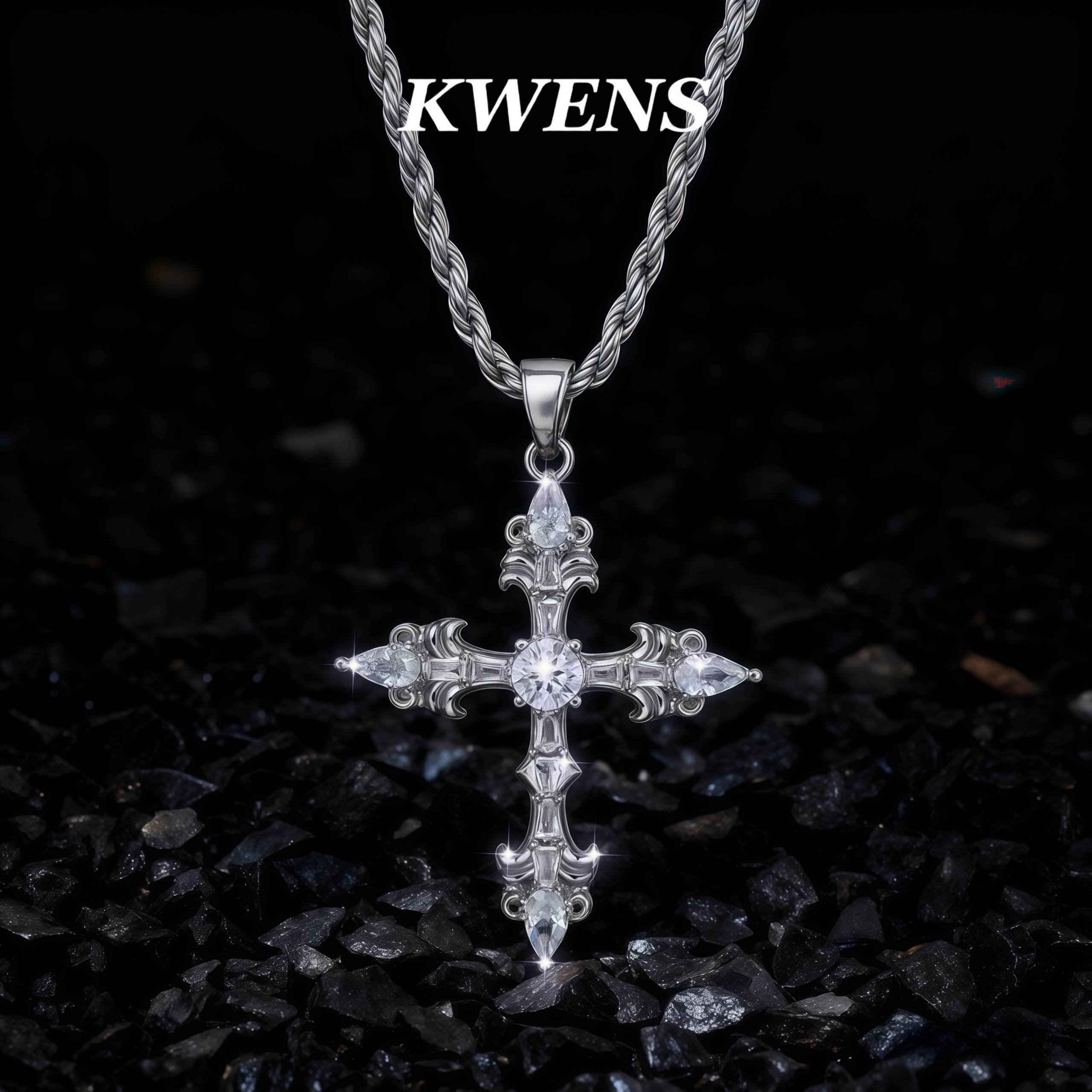 KWENS银芒十字鸢尾雕花镶钻项链小众设计轻奢百搭高级麻花链配饰