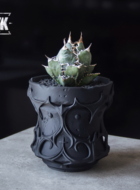复古潮流块根花盆仙人球龟甲龙舌兰花盆3d打印黑色创意多肉植物盆