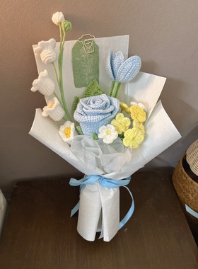 手工钩织毛线花束成品粉色系带包装纸和小卡片氛围感满满