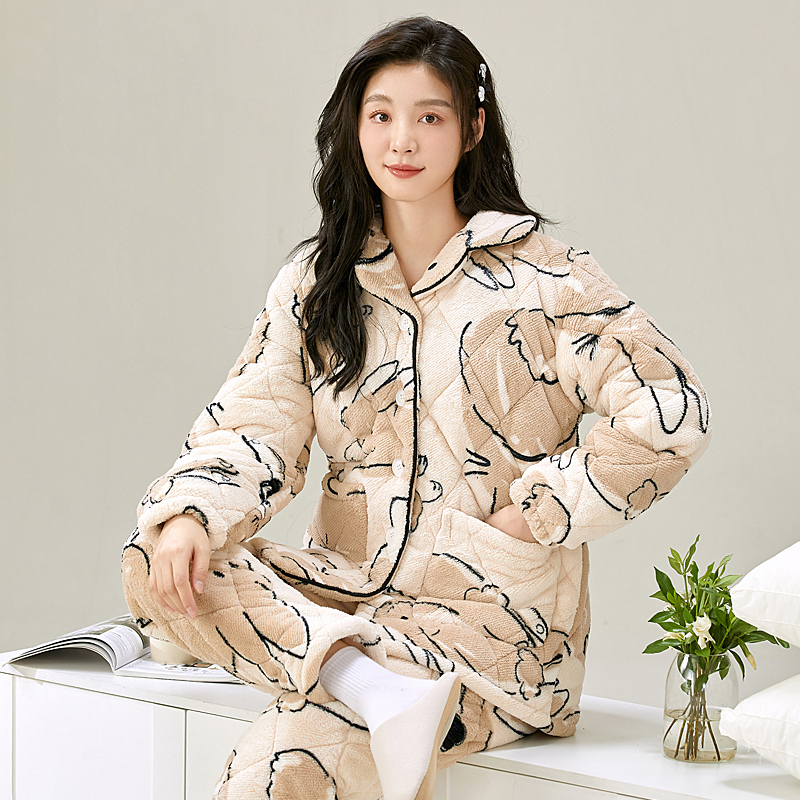 妙泊姿睡衣女加厚珊瑚绒夹棉套装