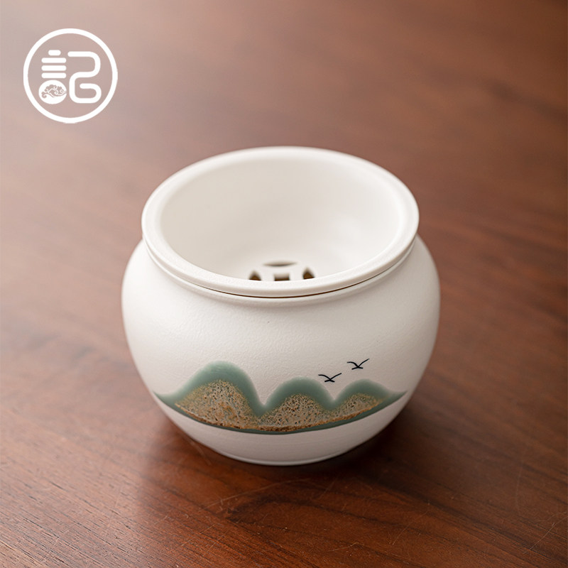 松石绿 建水带盖子过滤小号茶洗茶渣缸废水缸桌面垃圾桶茶水分离