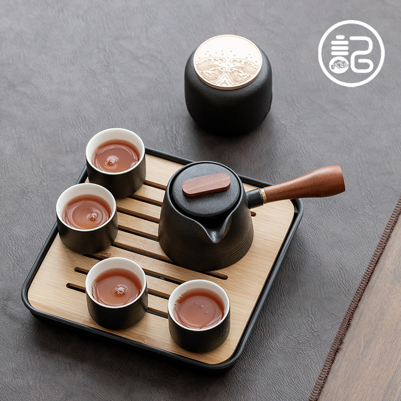 记今朝《黑陶侧把壶》一壶四杯便携式旅行功夫茶具套装家用带包