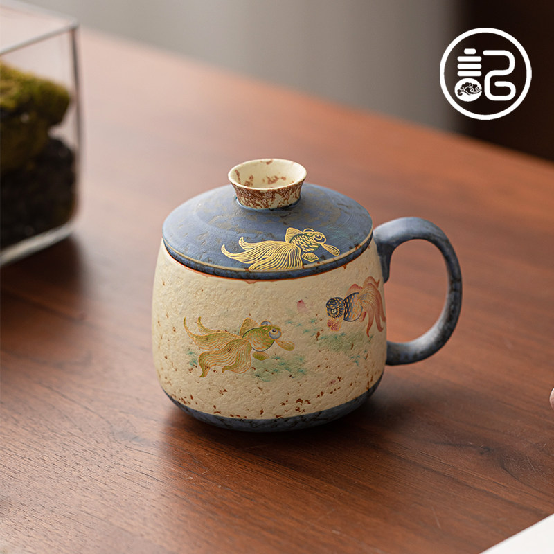记今朝【锦鲤】年年有鱼火石红复古茶杯家用办公室带盖带过滤马克
