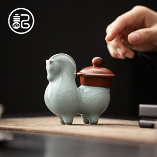唐马 记今朝 开片可养汝窑茶宠摆件精品茶玩生肖家居茶盘摆设