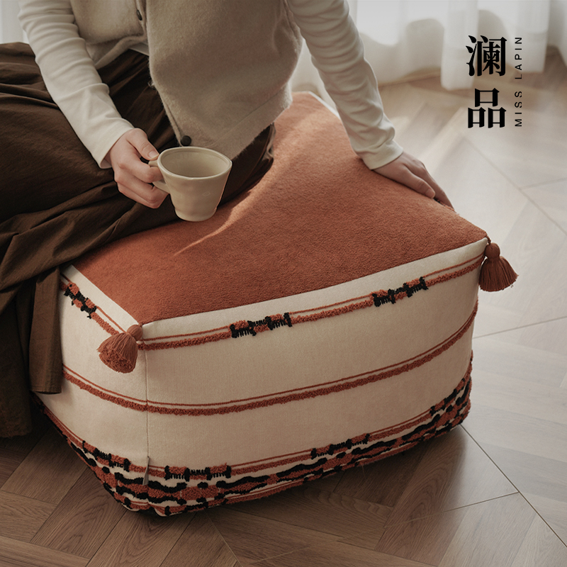 澜品『岁檀』橘红格子流苏可拆洗坐墩客厅墩子蒲团坐垫沙发垫凳子