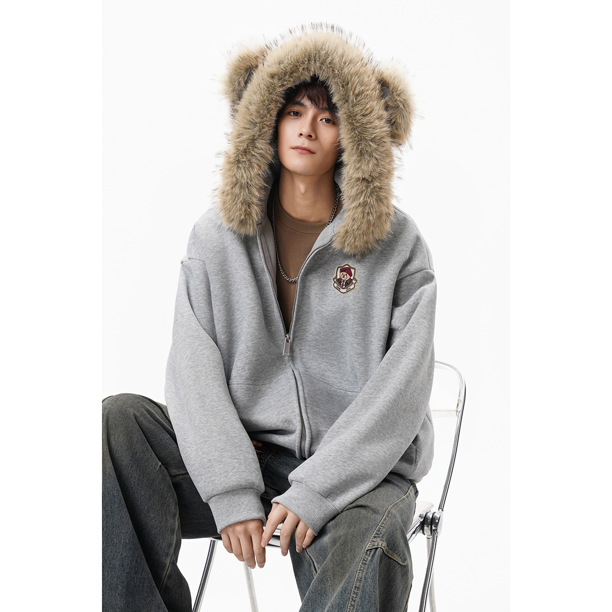 小熊徽章400G毛领可拆卸卫衣开衫ZWY106P75,男装卫衣,星座1308 小熊徽章400G毛领可拆卸卫衣开衫ZWY106P75,男装卫衣,星座1308