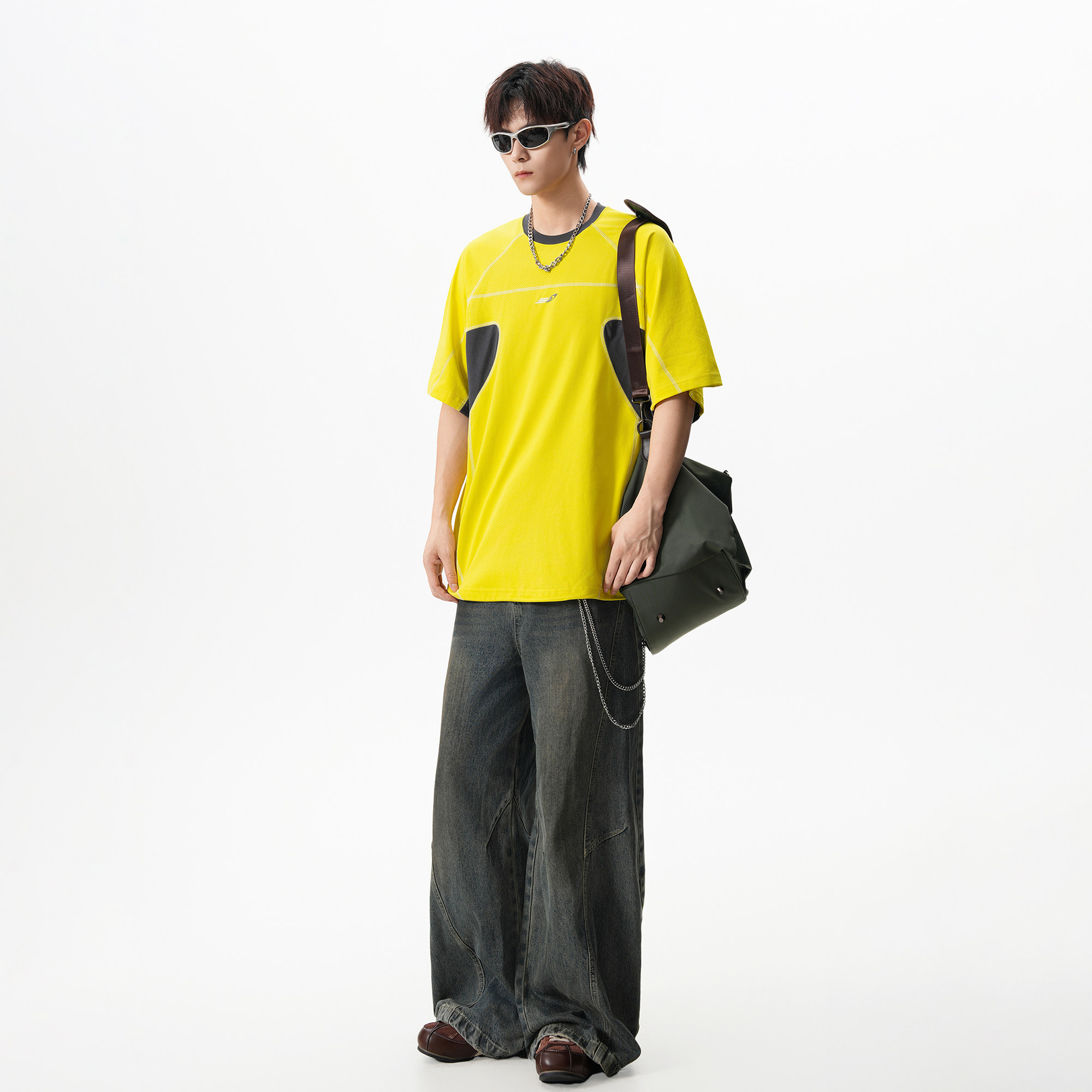 25夏季新款哈苏线撞色短袖女男拼接设计感T恤1308ZD5091P45,男装T恤,星座1308