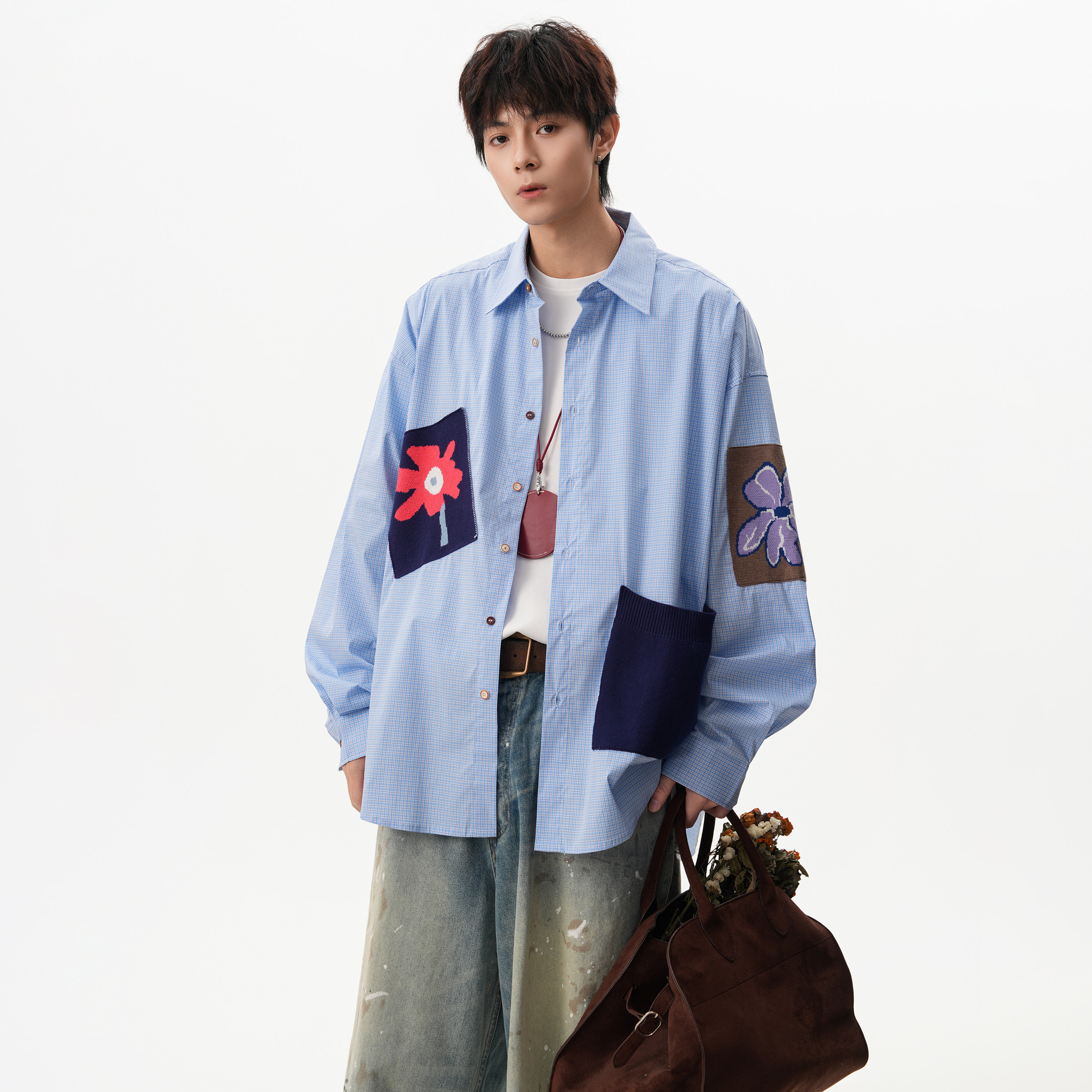 25秋款趣味贴布衬衫男女宽松格纹衬衣ZCS6019P68，男装衬衫，星座1308