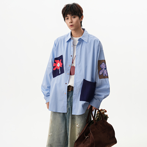 25秋款 趣味贴布衬衫男女宽松格纹衬衣 ZCS6019 P68，男装衬衫，星座1308