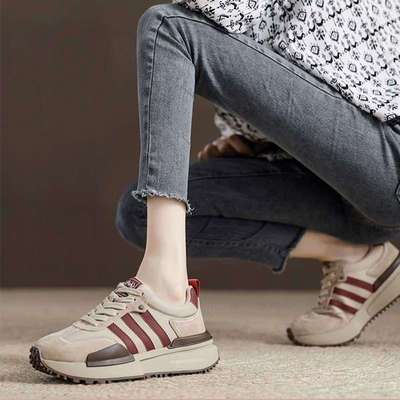 爆款小蛮腰华夫阿干鞋女2025秋冬季新款黑色软皮厚底运动老爹