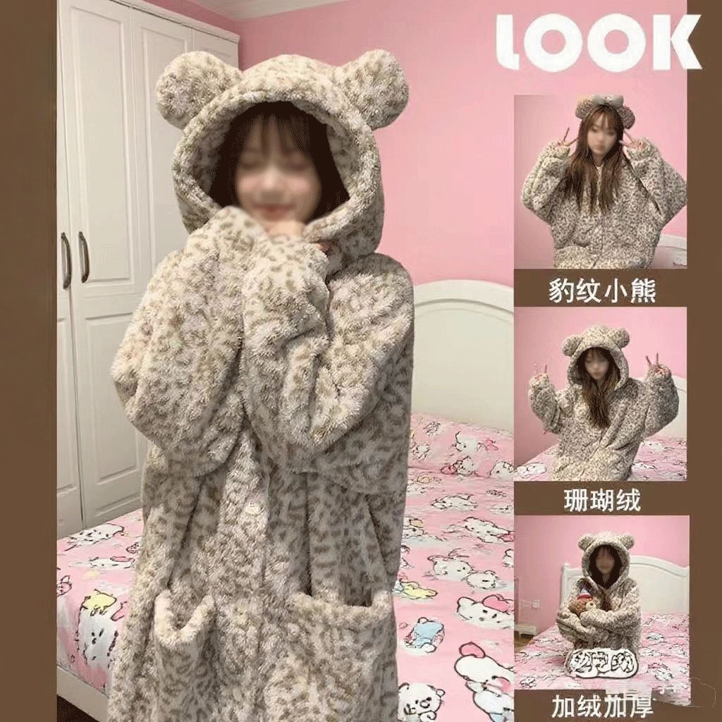 搞怪睡衣珊瑚绒卡通豹纹连体睡衣女冬季加绒加厚可爱连帽一体式女