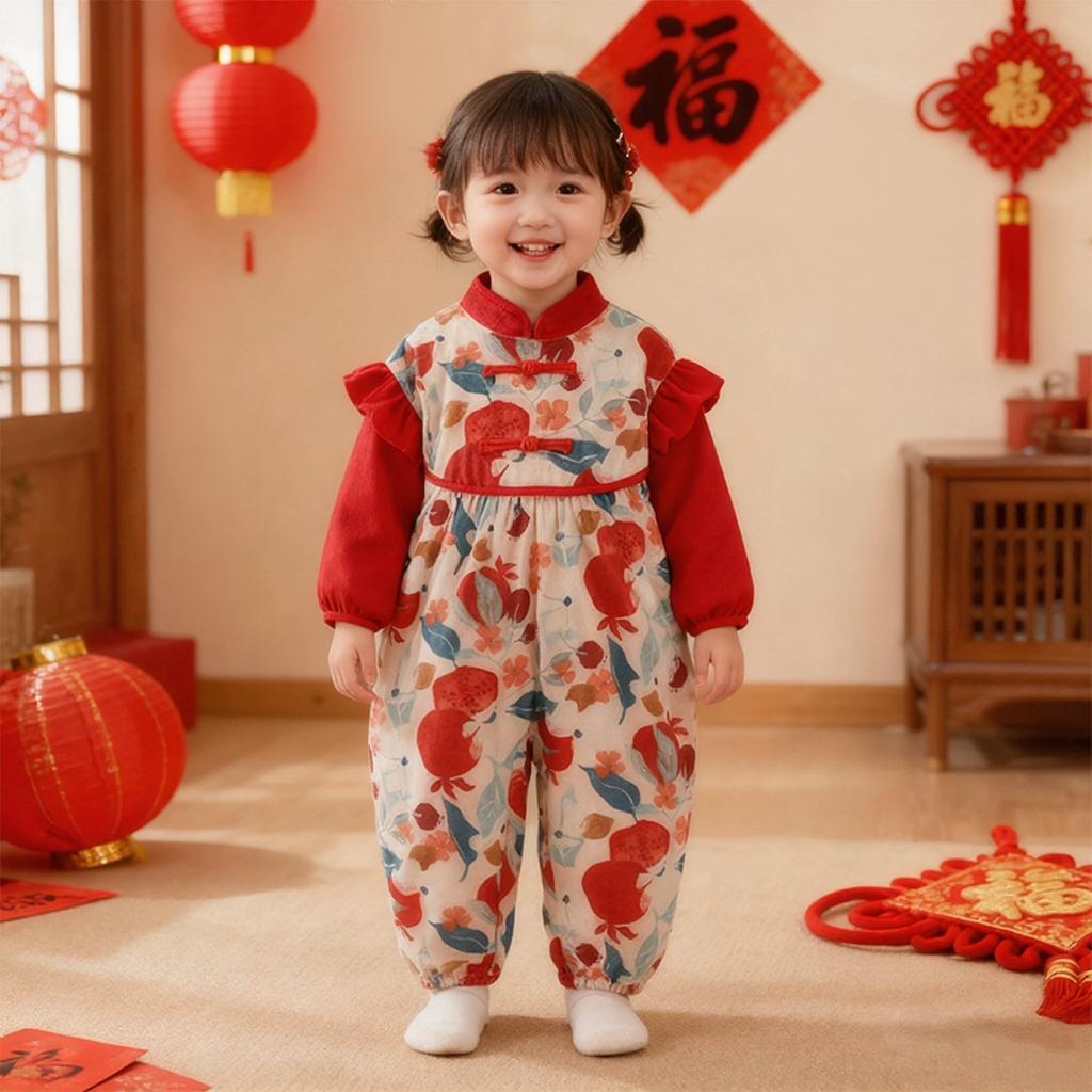 新年罩衣婴儿防脏护衣儿童秋冬外穿拜年服宝宝连体爬行爬爬服加厚