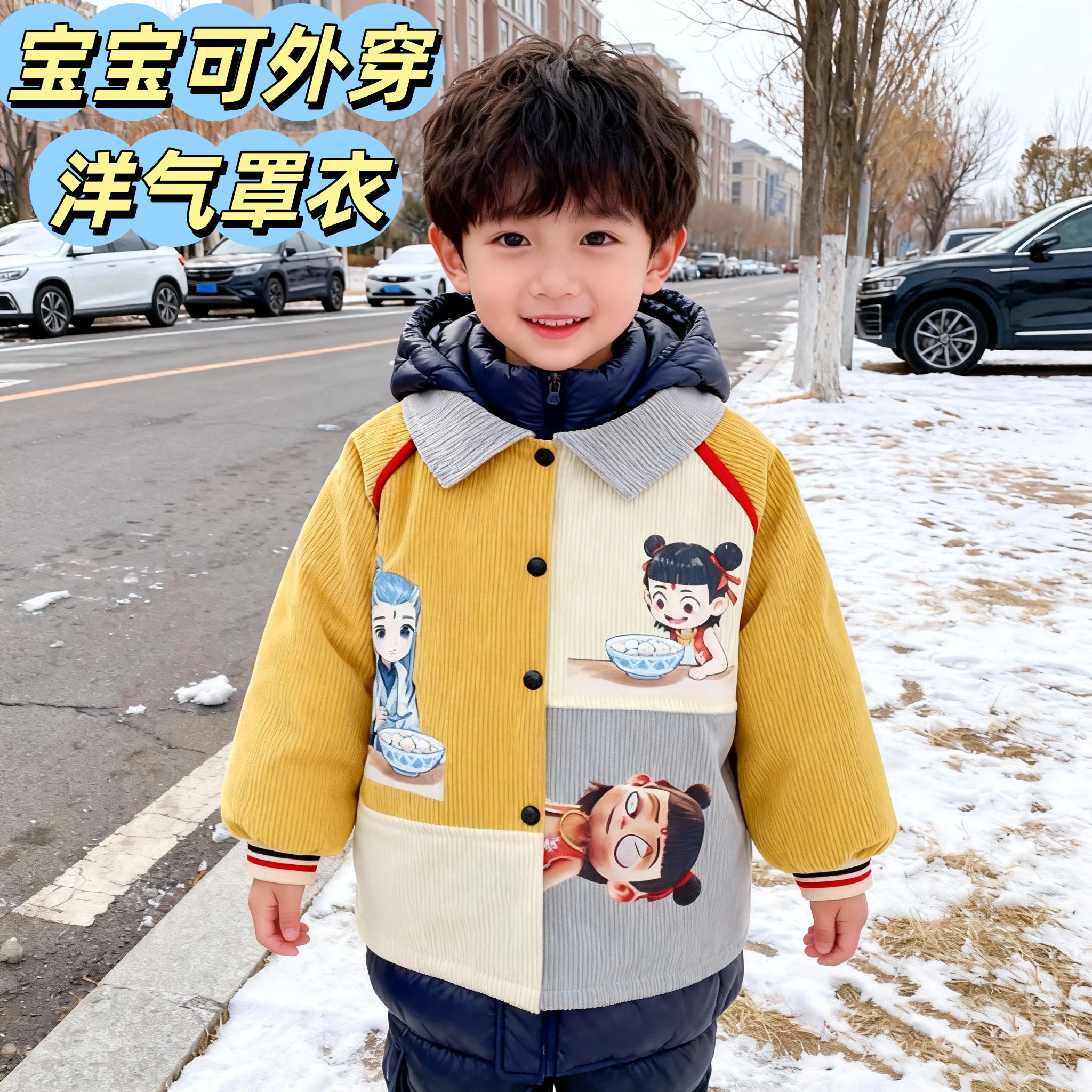 宝宝可外穿洋气罩衣儿童套羽绒服的围裙防脏外套灯芯绒护衣秋冬