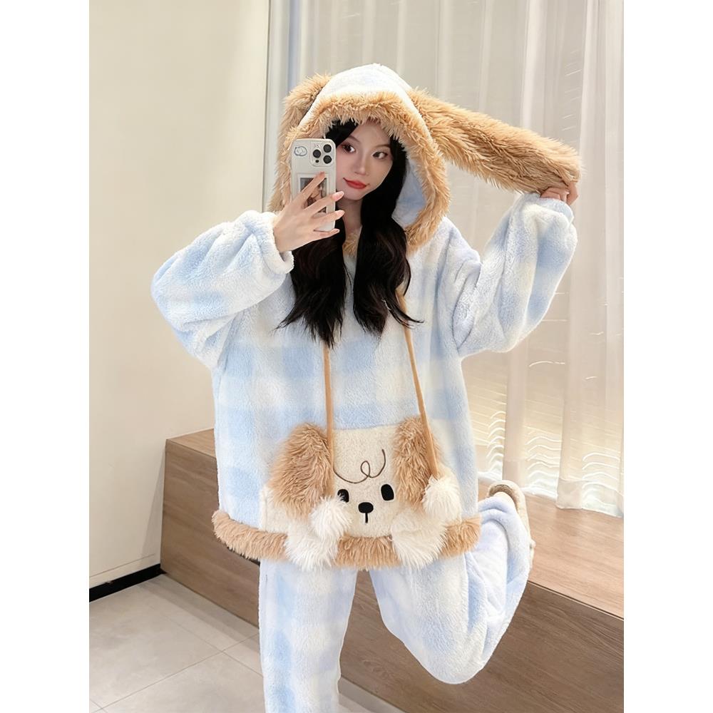 2025睡衣可爱卡通小狗连帽珊瑚绒睡衣女秋冬季新款加厚毛绒保暖家