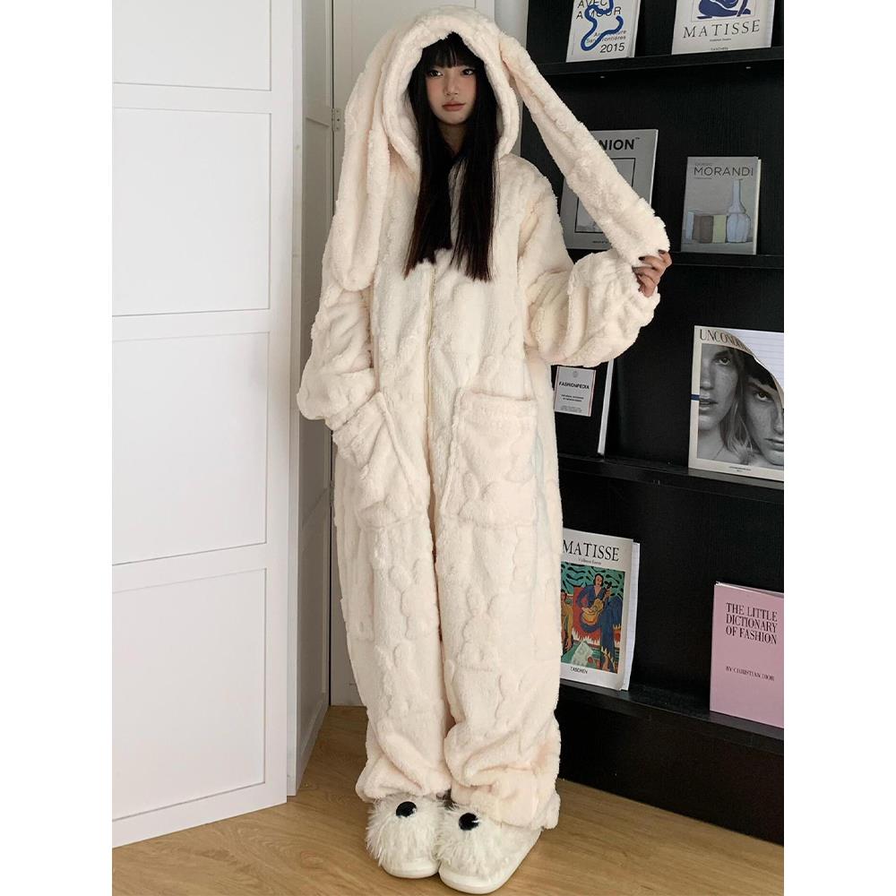 兔子提花连体睡衣女款2025新款冬季珊瑚绒加厚加绒保暖连帽家居服