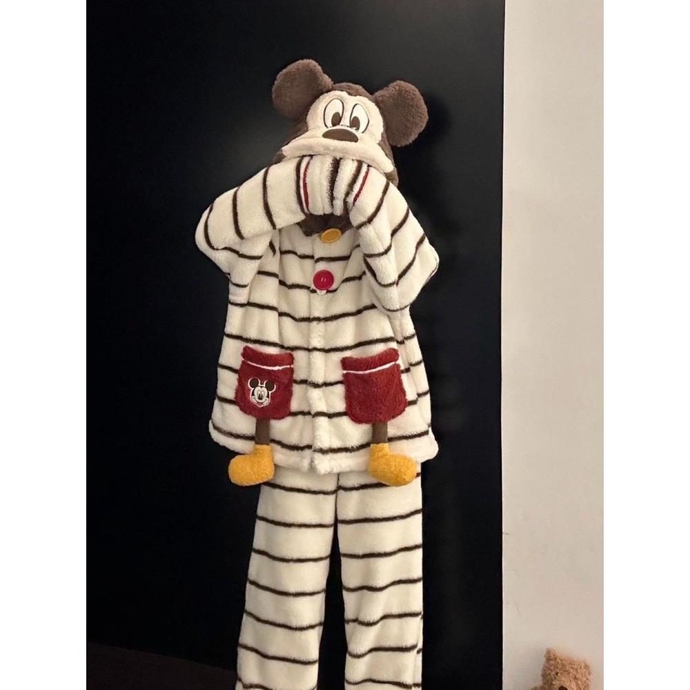 2025睡衣可爱卡通米奇连帽珊瑚绒睡衣女秋冬季新款加厚毛绒保暖家