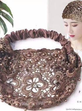 珍珠头套挡白发帽子发带女宽边蕾丝珍珠新款镂空遮白发网红头套潮