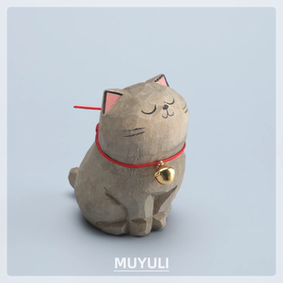 小猫咪办公室工位电脑桌面摆件创意装 手工木雕蓝猫 饰品可爱礼物