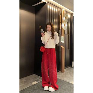 满天星细闪烫钻红色阔腿裤女小个子春秋宽松直筒抽绳运动弯刀裤XS