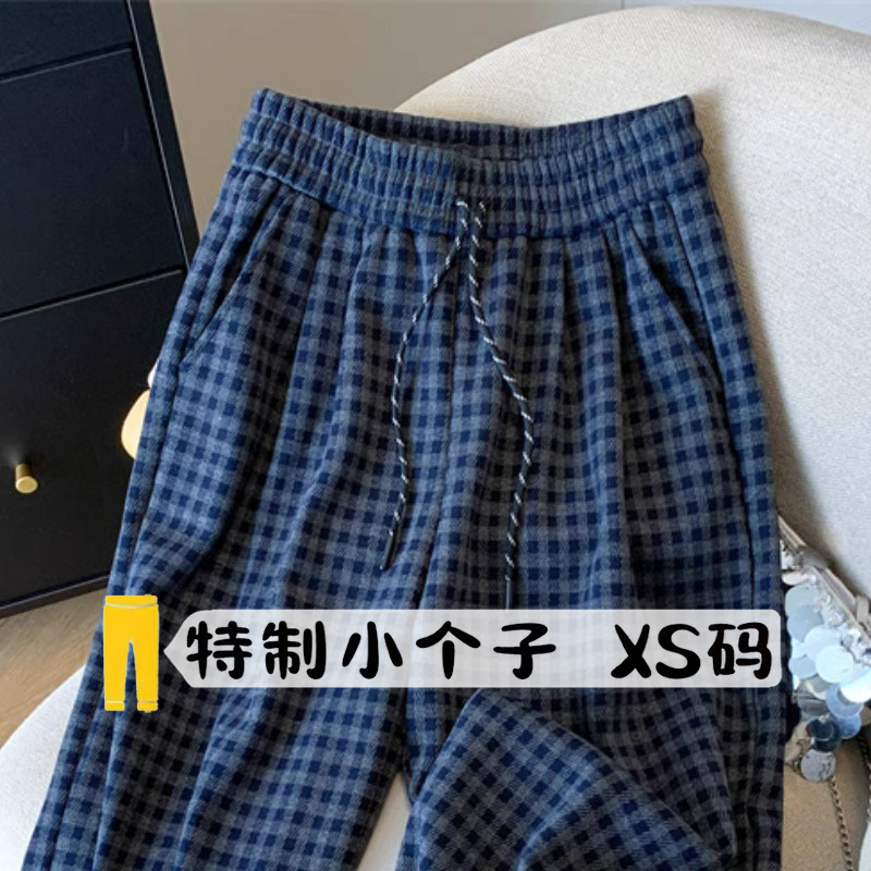 145小个子藏青色格子阔腿裤秋冬