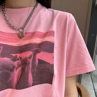 宽松韩版 2025新款 ins潮牌日系古着vintage上衣 t恤女夏季 粉色短袖