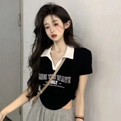 高腰不规则短款 t恤女夏印花修身 正肩上衣 辣妹撞色polo领短袖 美式
