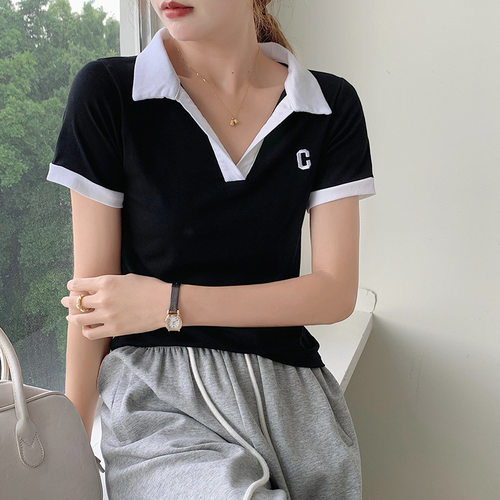 字母刺绣短袖女夏纯棉宽松polo衫