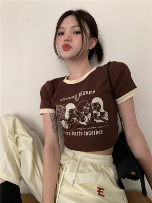 美式撞色正肩短袖t恤女夏