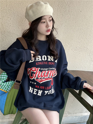 白色卫衣女秋冬季宽松套头洋气小个子加绒加厚美式无帽上衣潮ins