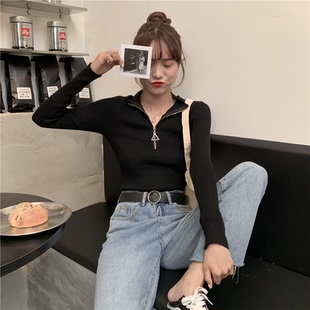 秋冬季韩版针织打底衫女半高领拉链上衣紧身衣修身内搭毛衣学生潮