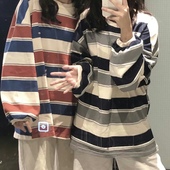 T恤女春秋暗黑风中长款 ins超火新款 流行条纹长袖 撞色学生宽松上衣
