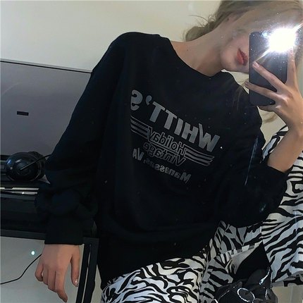 黑色圆领卫衣女春秋薄款慵懒风时尚外套小个子韩版宽松上衣ins潮