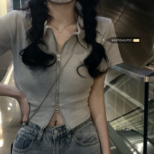 纯欲风辣妹灰色polo领短款 上衣ins潮 T恤女2025夏设计感双拉链短袖