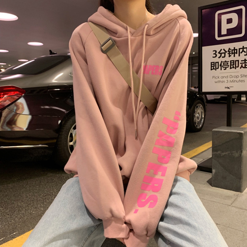 2026年秋冬新款印花连帽卫衣加绒加厚女学院风宽松长袖外套潮ins