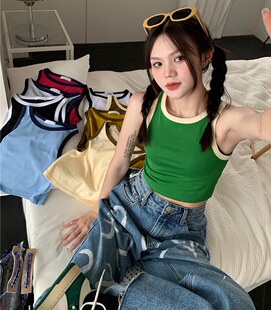 辣妹运动绿色工字小背心吊带女夏外穿修身显瘦bm内搭短款无袖上衣