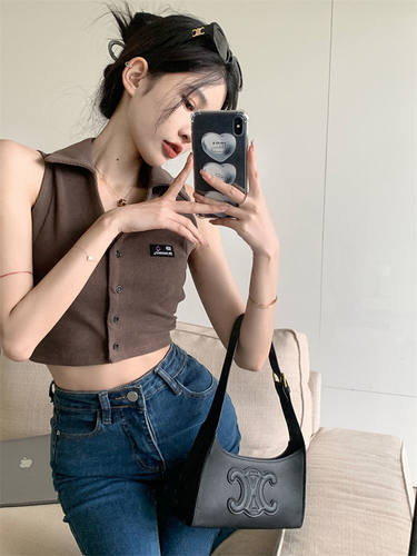 美式复古POLO领小背心吊带女