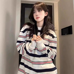 美式高级感条纹oversize卫衣女款春秋宽松慵懒风潮牌长袖t恤上衣