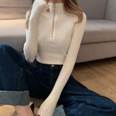 外套 上衣气质小开衫 毛衣女宽松外穿慵懒风半高领拉链针织衫 女长袖