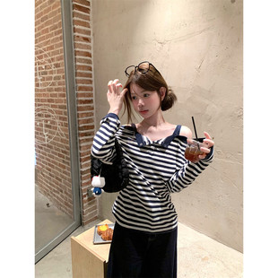 一字露肩条纹长袖 t恤女春秋纯欲辣妹风设计感独特显瘦假两件上衣